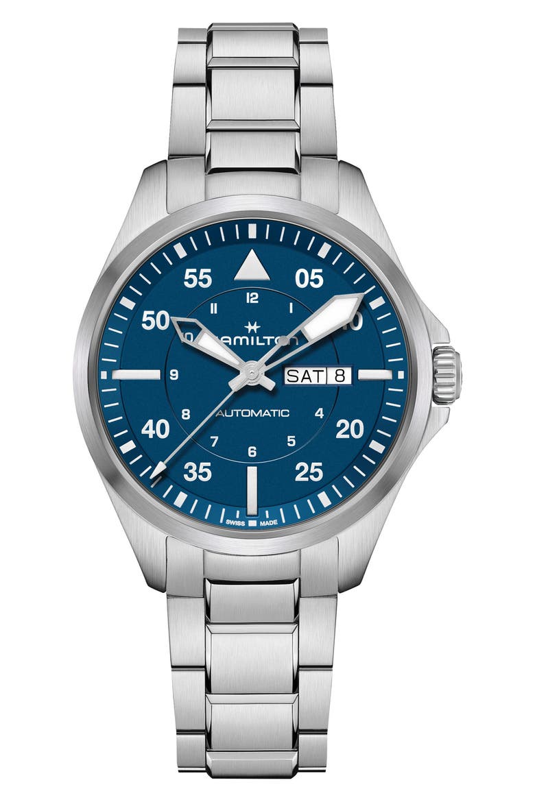 Khaki Aviation Pilot Automatic Bracelet Watch, 42mm, Main, color, BLUE