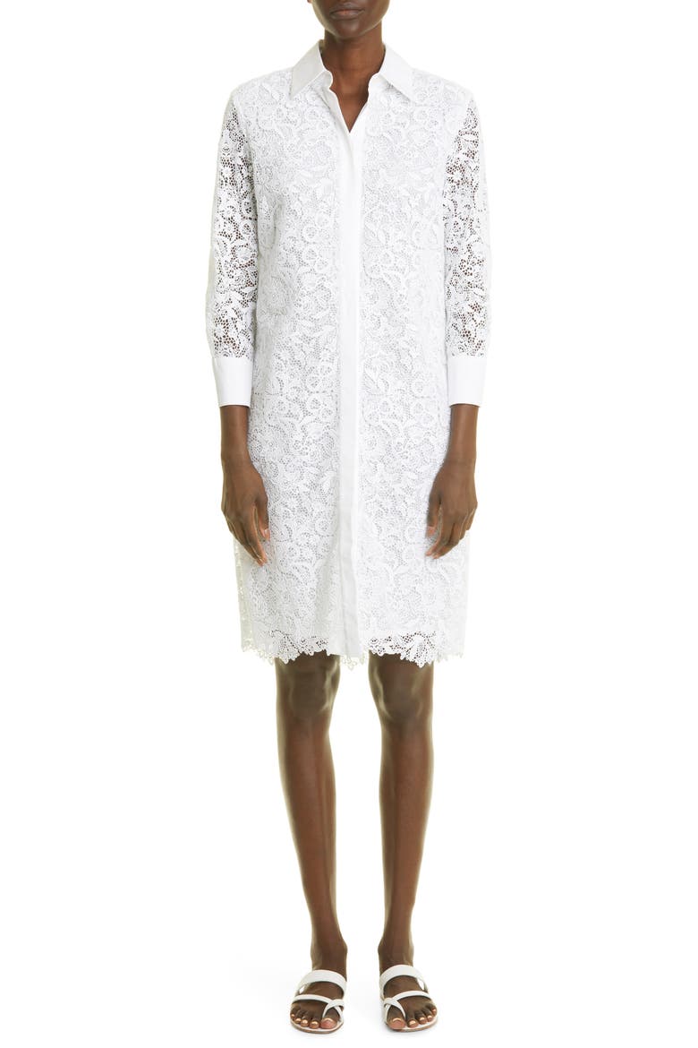 Evangeline Long Sleeve Guipure Lace Shirtdress, Main, color, WHITE
