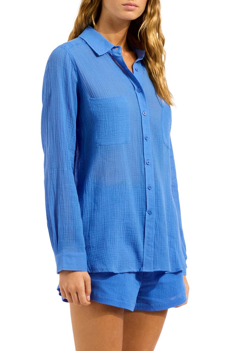 Breeze Beach Button-Up Cotton Gauze Cover-Up Shirt, Alternate, color, SAPPHIRE