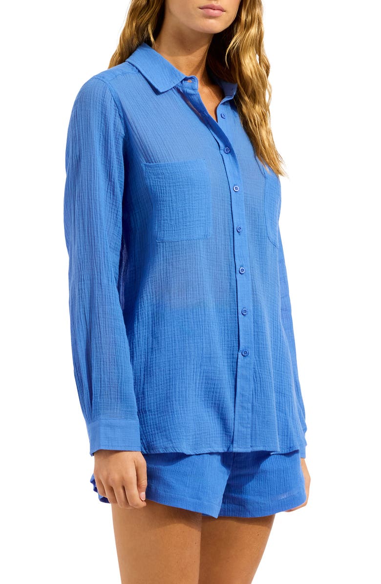 Seafolly Breeze Beach Button-Up Cotton Gauze Cover-Up Shirt, Alternate, color, Sapphire