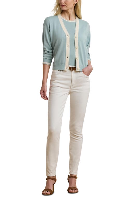 Shop Ralph Lauren Lauren Two-tone Cotton Blend Cardigan In Aqua Pearl/mascarpone Cream