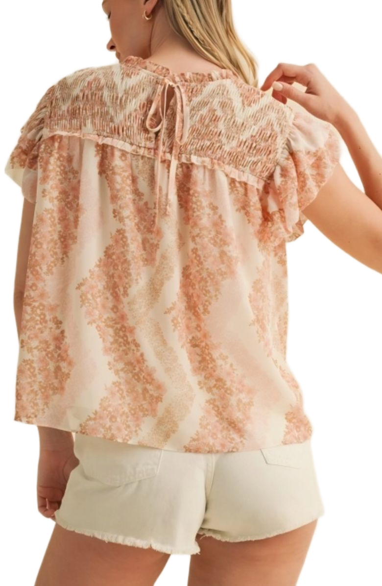 Knit and Lounge Smocked Ruffle Sleeve Lightweight Relaxed Fit Top, Alternate, color, Soft Pink Floral