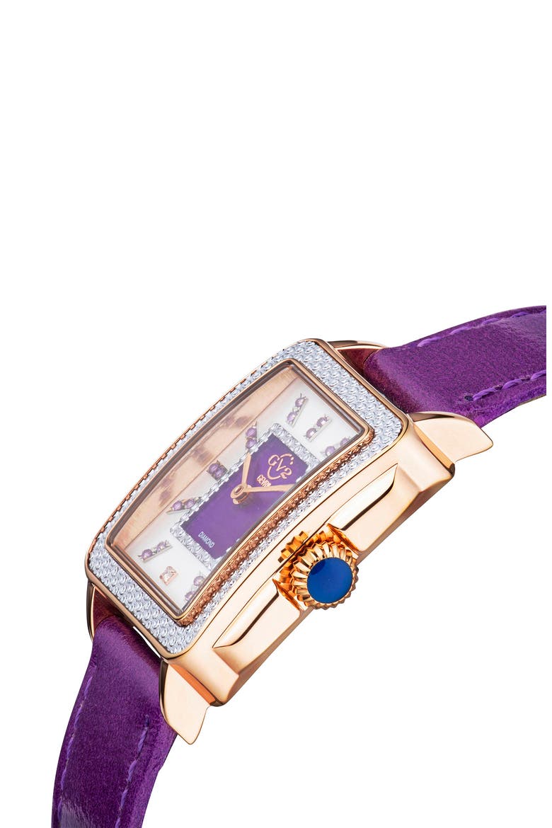 Women's Padova Gemstone Leather Strap Square Watch, 27 mm x 30 mm - 0.0116 ctw, Alternate, color, PURPLE