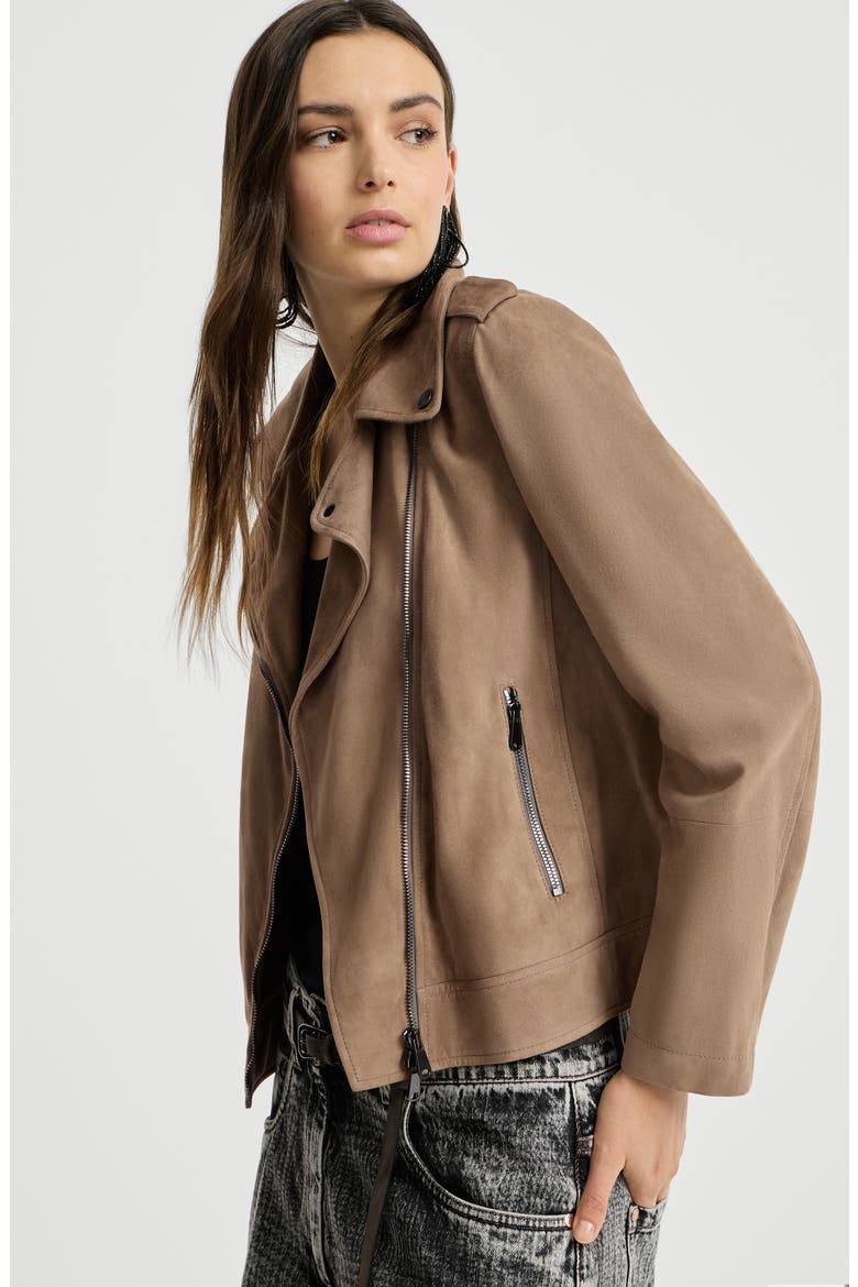 Suede biker jacket with monili, Alternate, color, Hazelnut