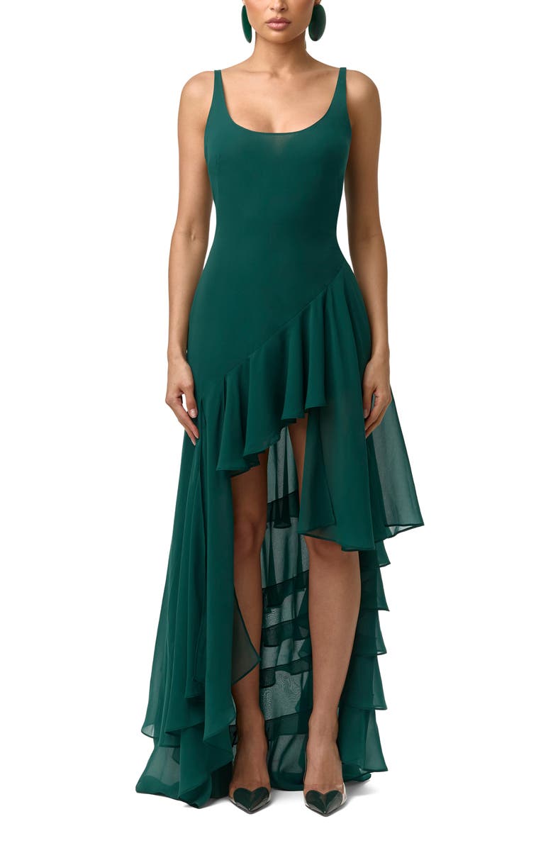 Naked Wardrobe Sleeveless Asymmetric Ruffle High-Low Dress, Main, color, Pine Green