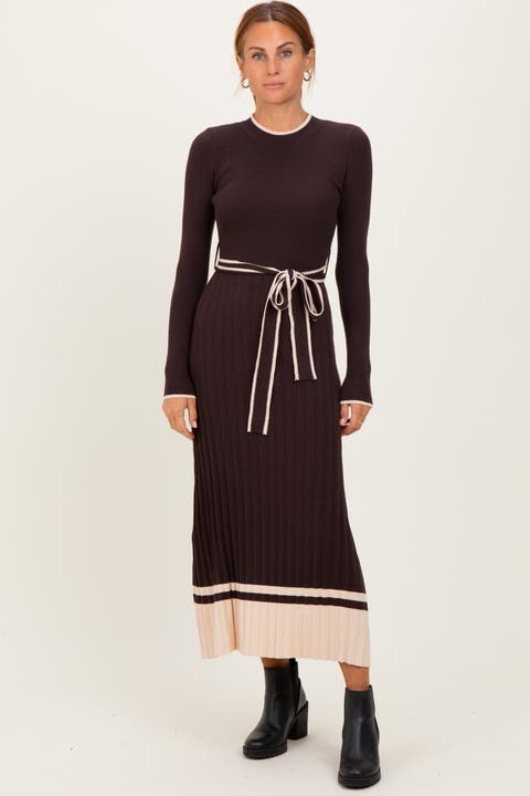 Ribbed Midi Sweater Dress With Belt