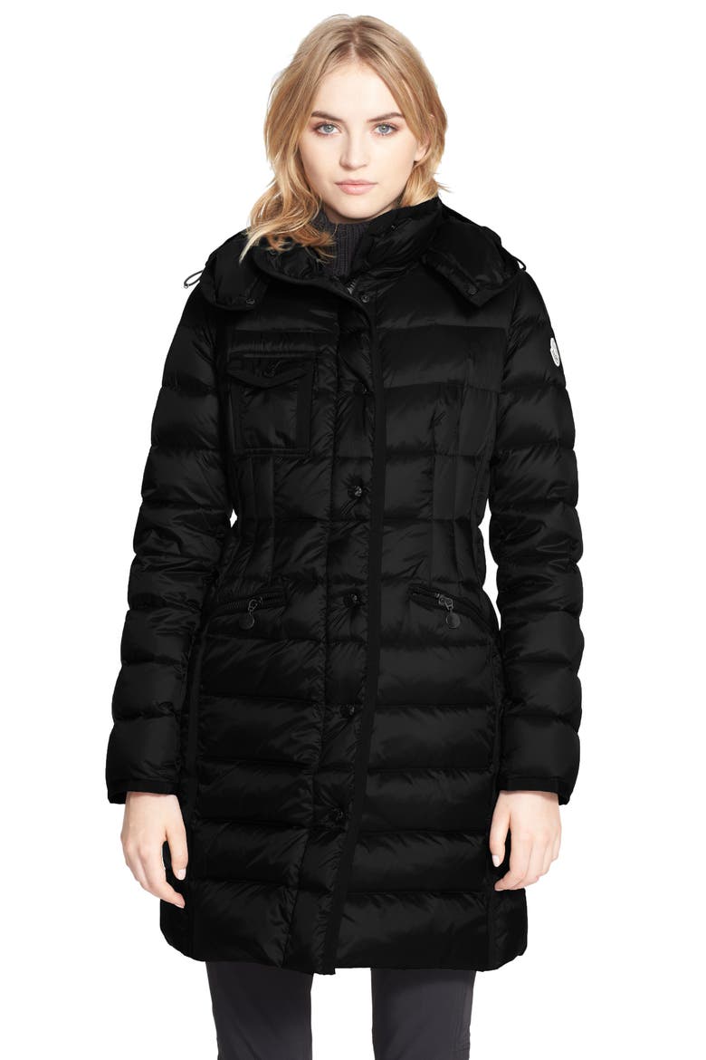 'Hermine' Grosgrain Trim Water Resistant Down Coat, Main, color, BLACK