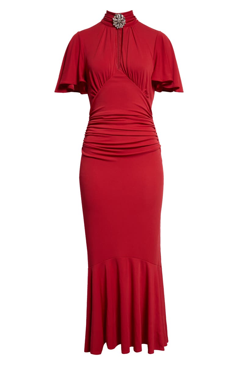 Cinq à Sept Rosita Rhinestone Brooch Detail Ruched Dress, Alternate, color, 