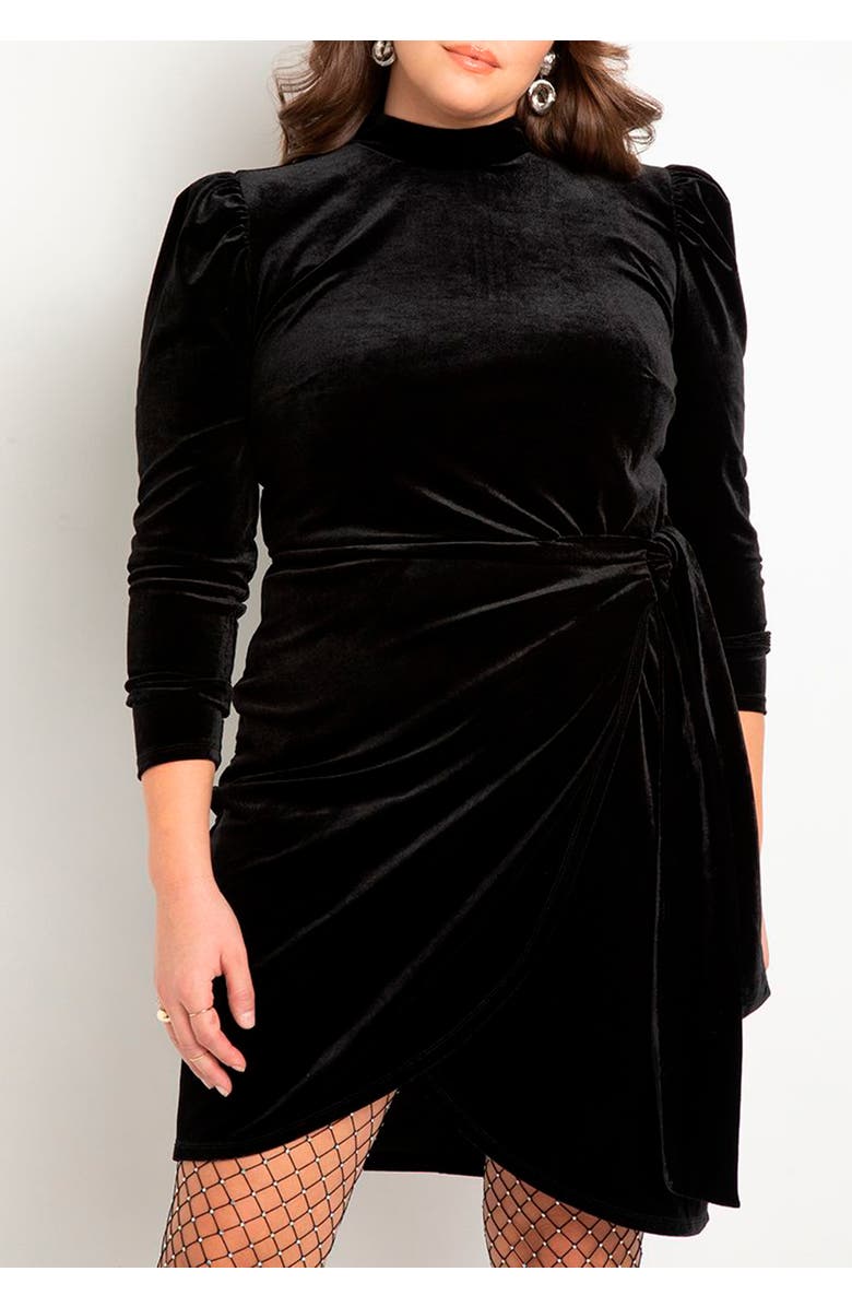 ELOQUII Velvet Mini Dress with Wrap Skirt, Alternate, color, Totally Black