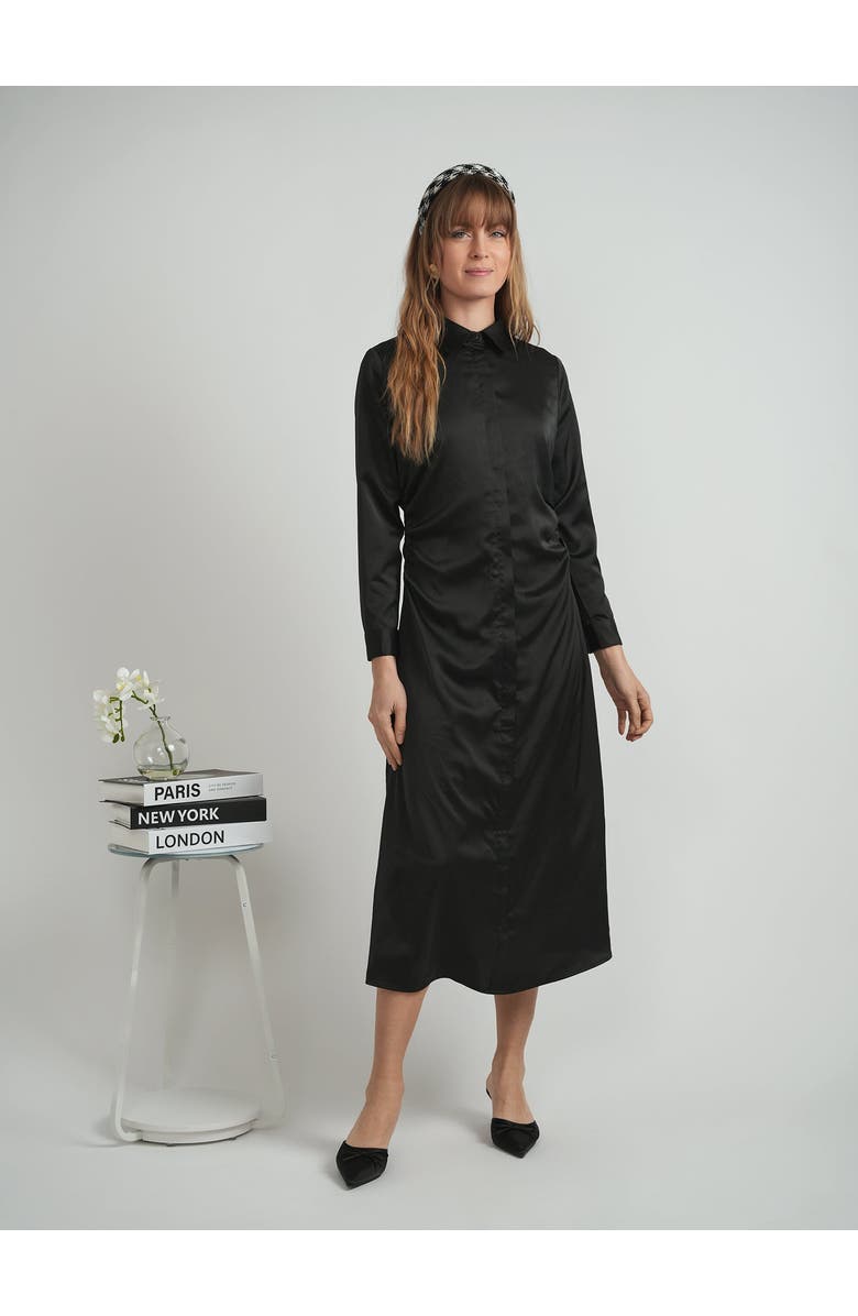 Coco de la Mour Satin Side Gathered Button Front Shirt Dress, Alternate, color, Black