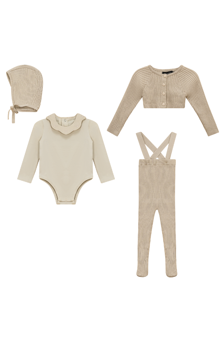 Space Grey Ruffle Collar Knitted 4 Piece Cardigan, Overall Romper and Bonnet Set, Main, color, Dark Almond