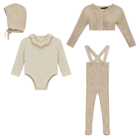Ruffle Collar Knitted 4 Piece Cardigan, Overall Romper and Bonnet Set (Baby)
