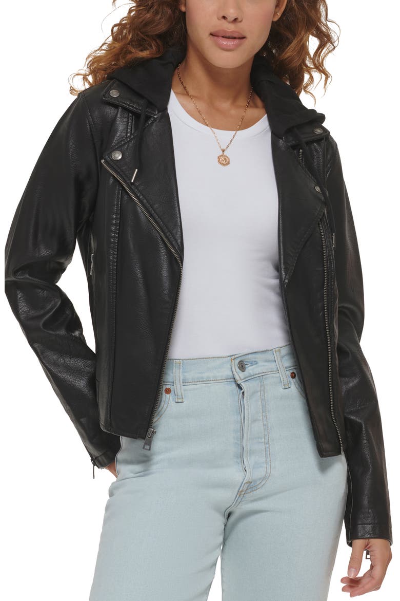 Levi's® Fleece Hood Faux Leather Moto Jacket, Main, color, BLACK
