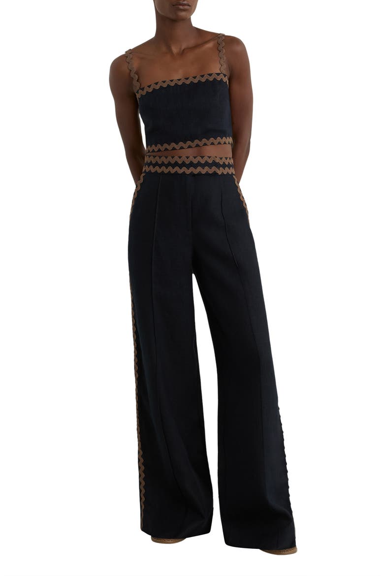 Mila Rickrack Detail Wide Leg Linen Pants, Alternate, color, NAVY/ IVORY