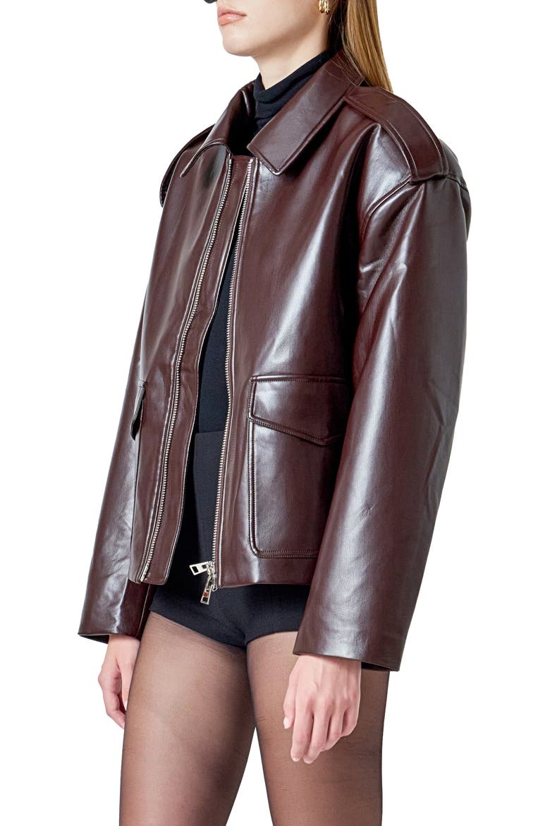 Oversize Faux Leather Jacket, Alternate, color, BROWN