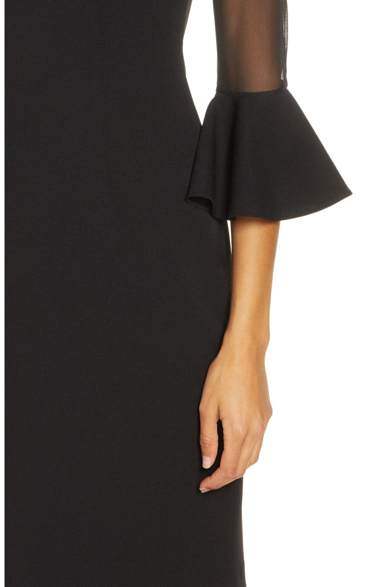 Illusion Long Sleeve Crepe Cocktail Dress, Alternate, color, BLACK