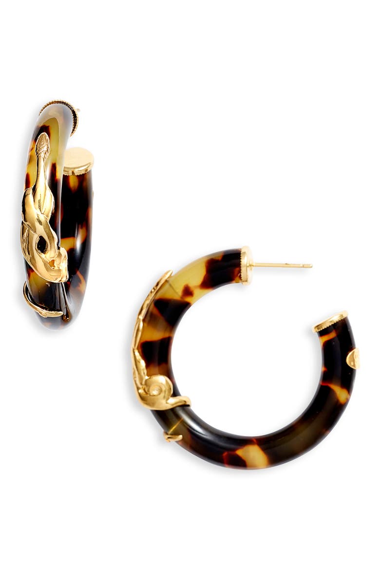 Small Cobra Hoop Earrings, Main, color, BROWN