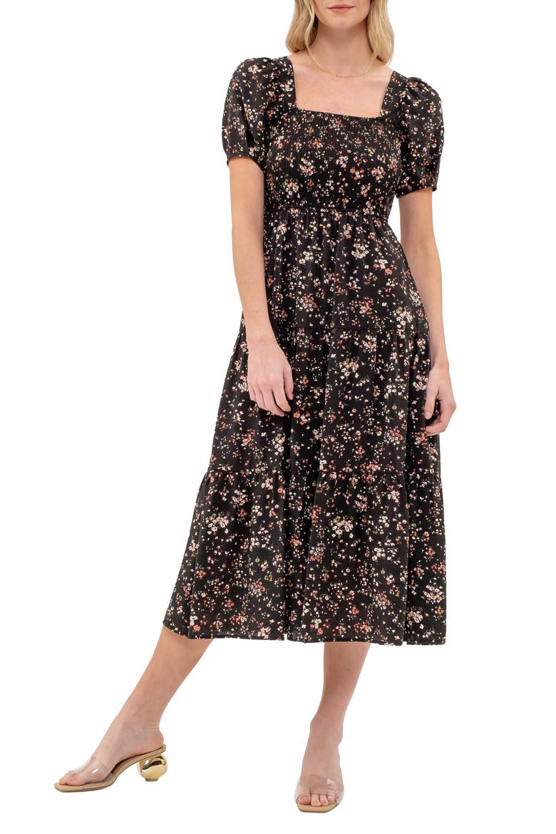 Ditsy Floral Short Sleeve Tiered Midi Dress, Main, color, BLACK MULTI