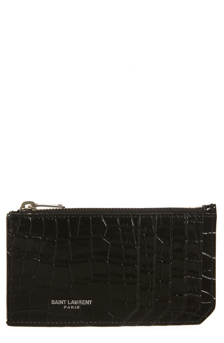 Saint Laurent Croc Embossed Leather Card Case, Main, color, 