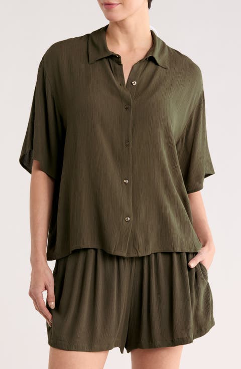 Short Sleeve Solid Cover-Up Camp Shirt