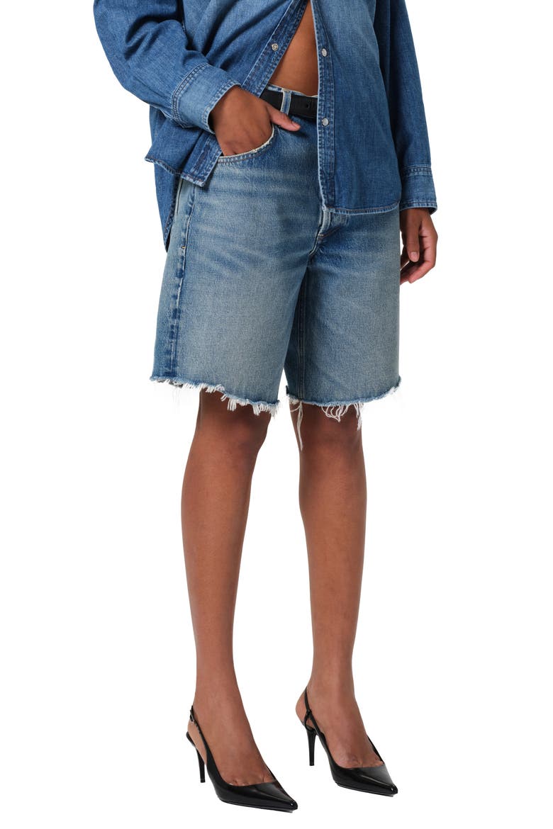 Ayla High Waist Raw Hem Cutoff Denim Bermuda Shorts, Main, color, BABYLONIA