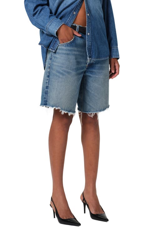Ayla High Waist Raw Hem Cutoff Denim Bermuda Shorts (Babylonia)