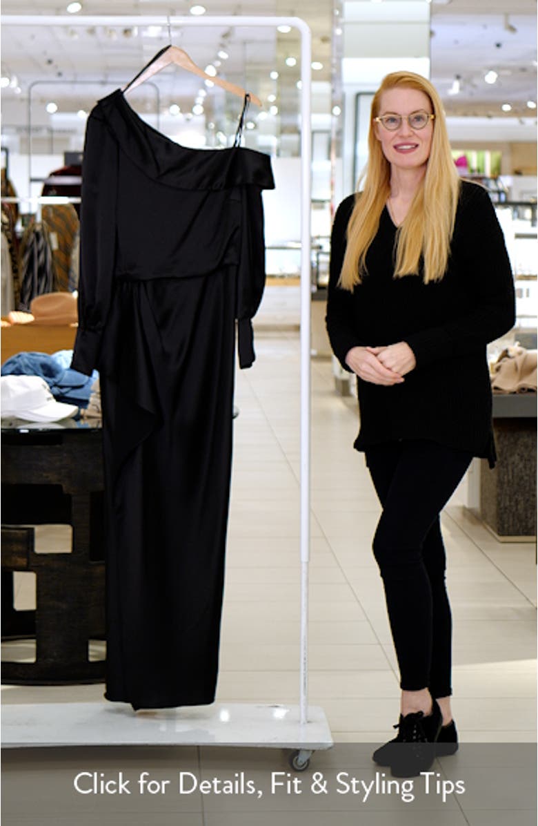 Off the Shoulder Long Sleeve Satin Gown, sales video thumbnail