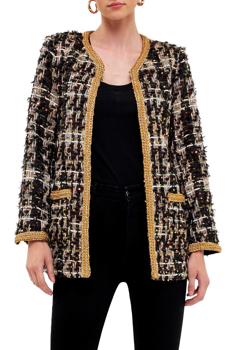 Premium Sequin Tweed Jacket, Main, color, BLACK MULTI