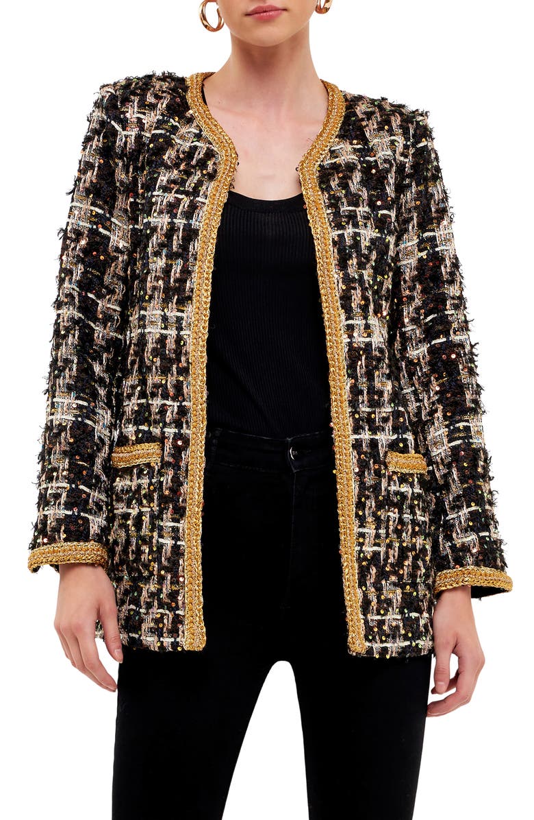 Endless Rose Premium Sequin Tweed Jacket, Main, color, Black Multi