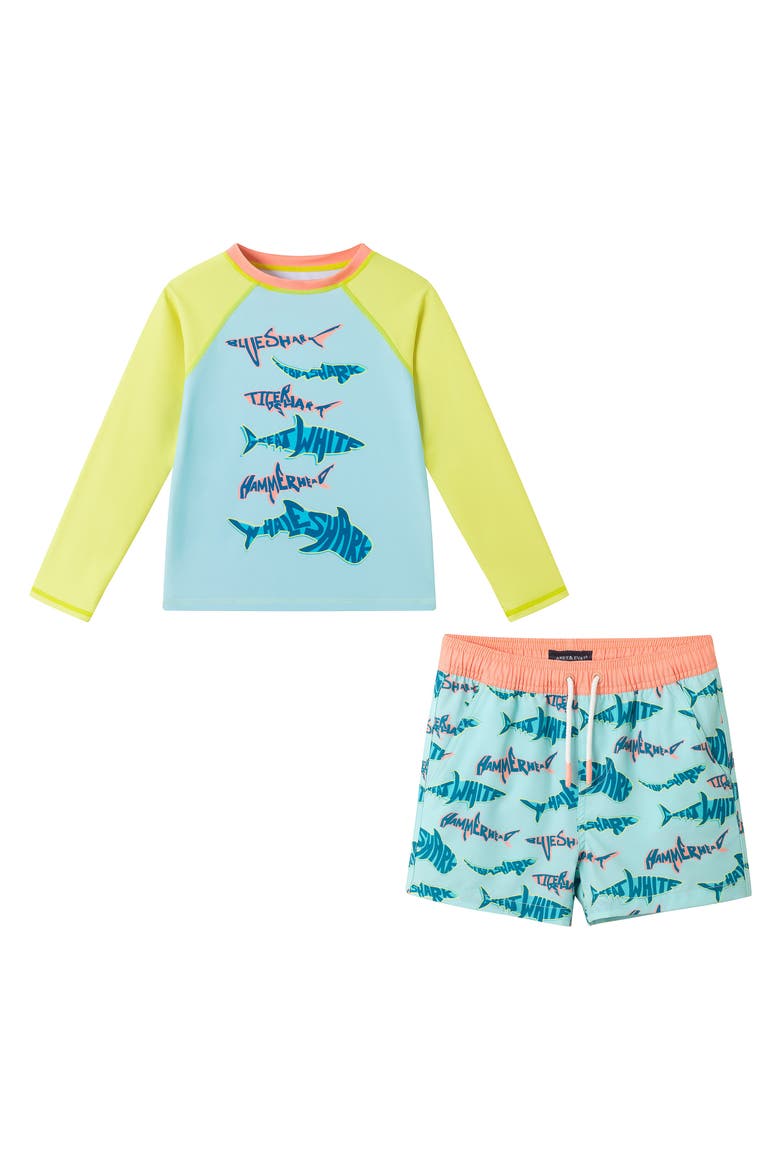 Kids' Sailboat Long Sleeve Two-Piece Rashguard Swimsuit, Main, color, AQUA SHARK