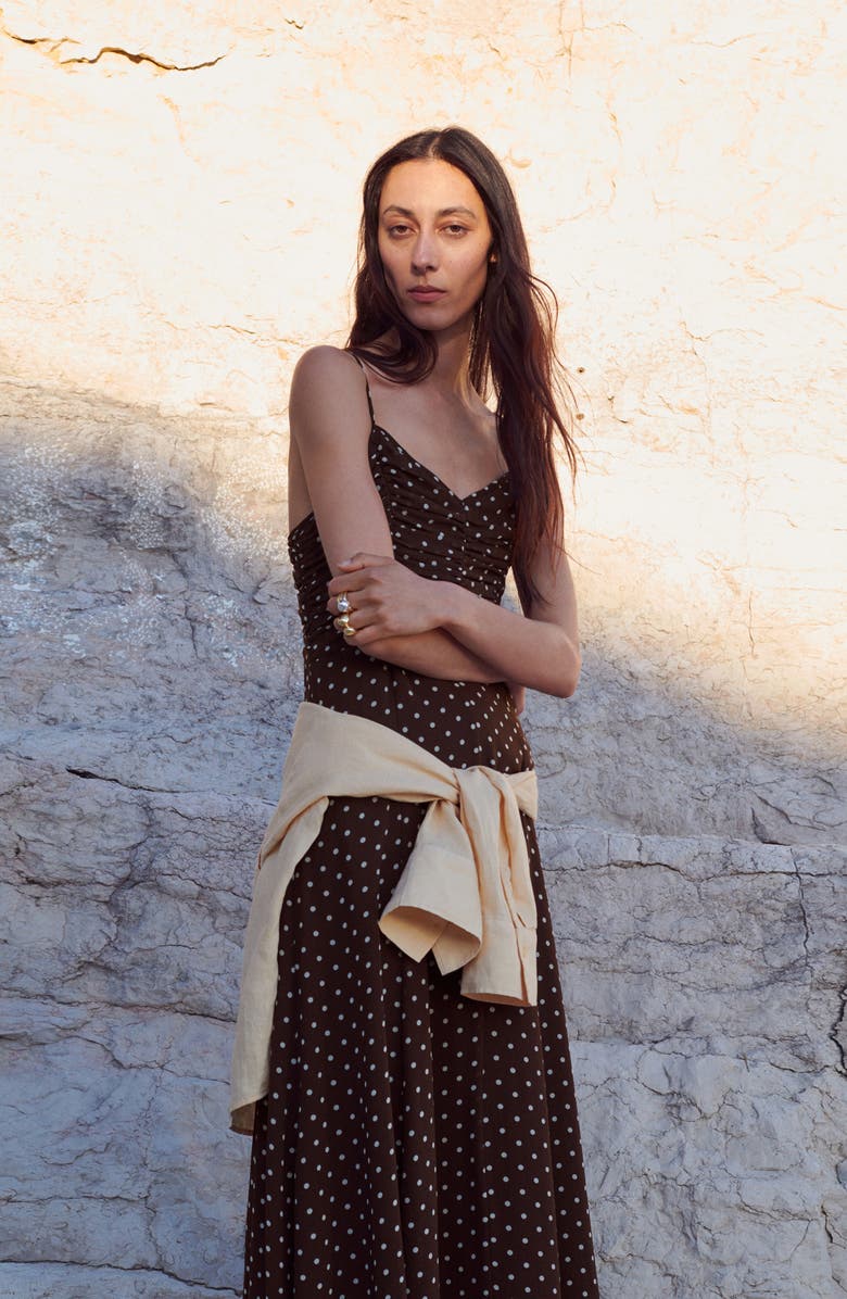 MANGO Ruched Dot Sleeveless Maxi Dress, Alternate, color, Chocolate