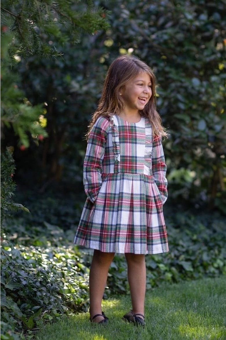 Long Sleeve Ruffle Dress, Alternate, color, Beige Plaid
