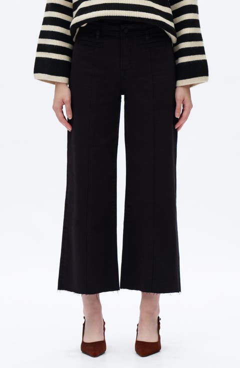 Seamed High Waist Raw Hem Crop Wide Leg Jeans