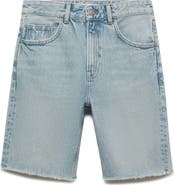 MANGO Frayed Hem Denim Bermuda Shorts