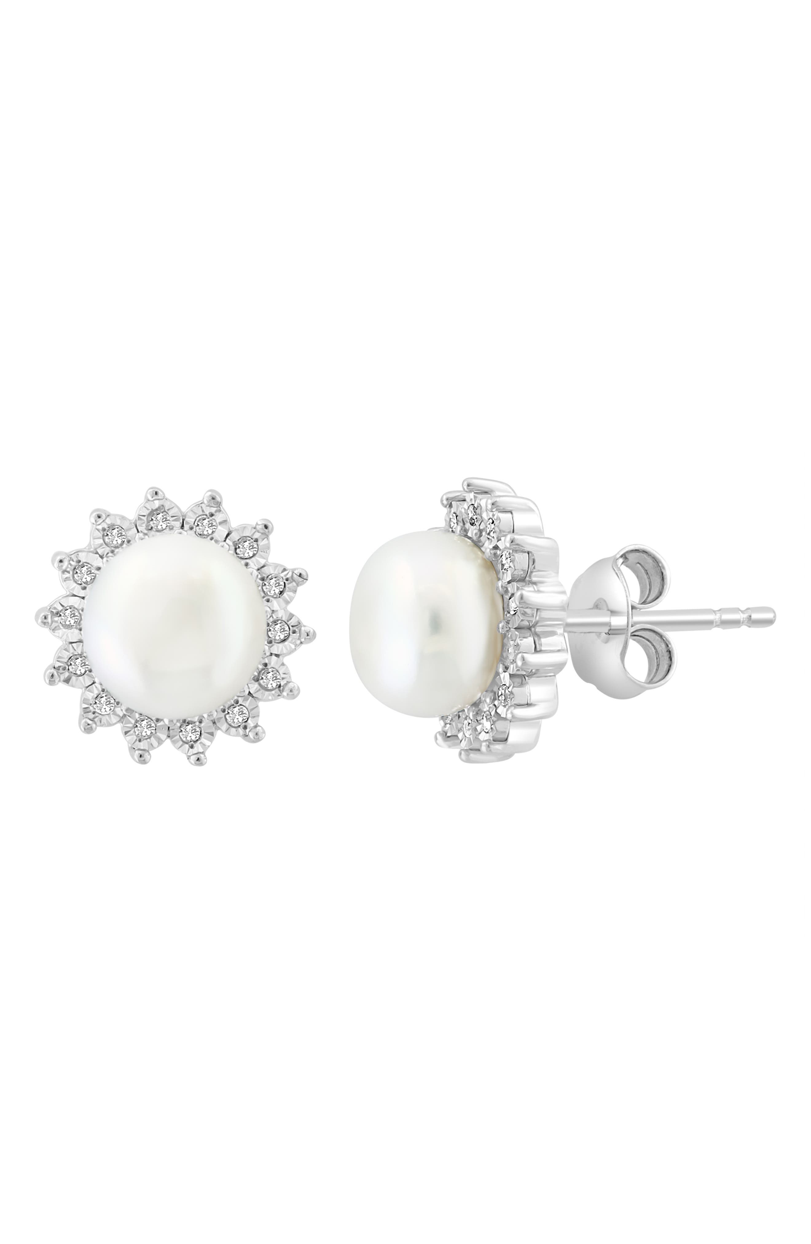 EFFY Sterling Silver Freshwater Pearl Diamond Halo Stud Earrings