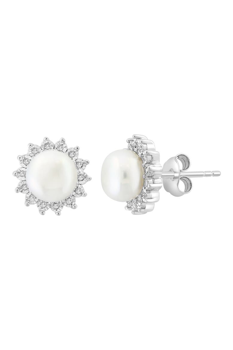 Sterling Silver Freshwater Pearl Diamond Halo Stud Earrings, Main, color, WHITE