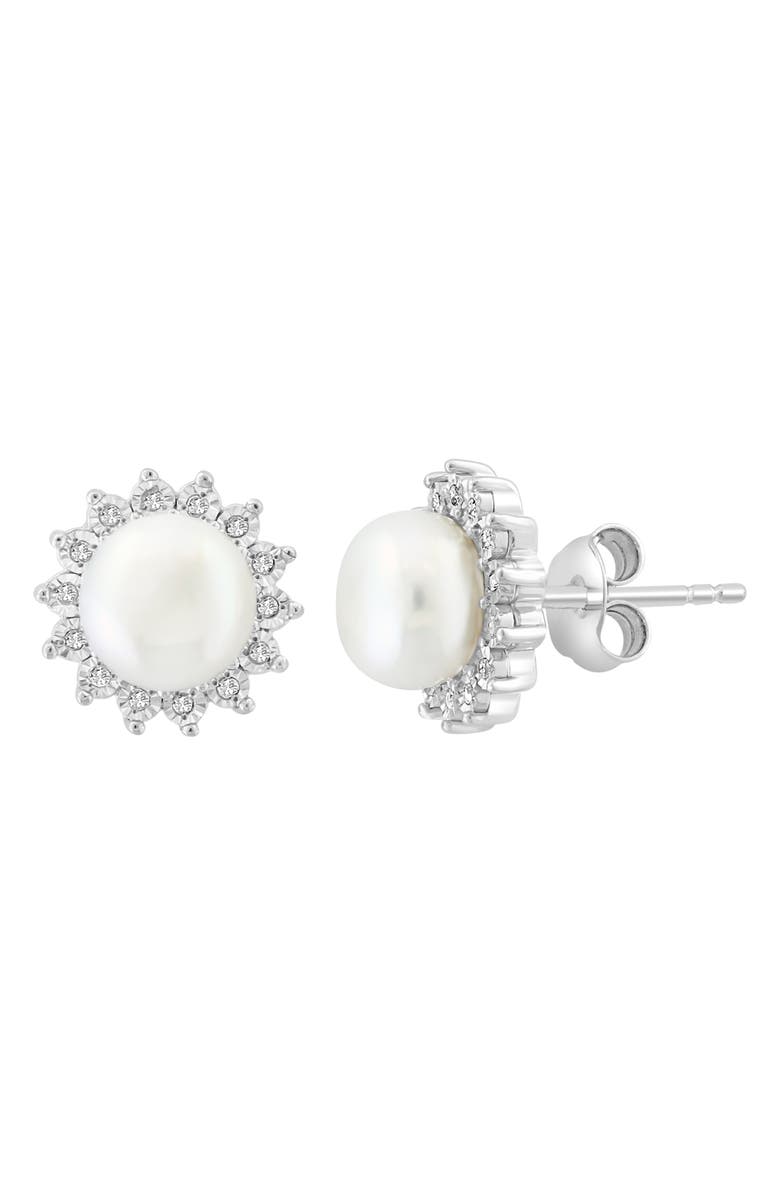 EFFY Sterling Silver Freshwater Pearl Diamond Halo Stud Earrings, Main, color, 