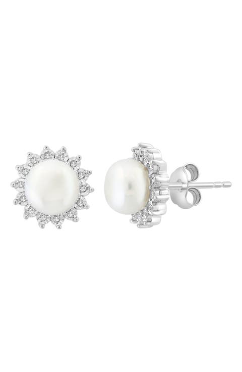 Sterling Silver Freshwater Pearl Diamond Halo Stud Earrings
