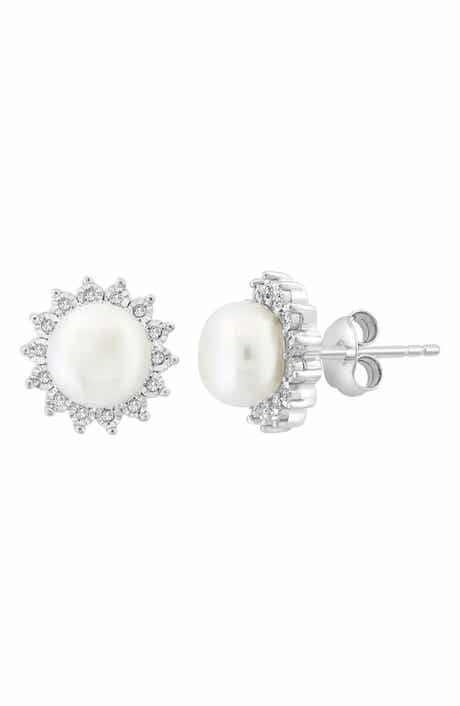 EFFY Sterling Silver Freshwater Pearl Diamond Halo Stud Earrings
