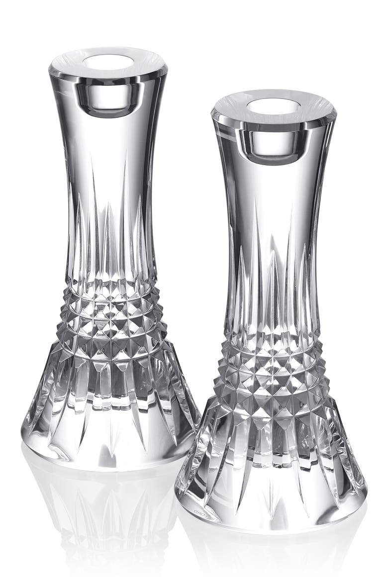Lismore Diamond Set of 2 7-Inch Crystal Candlesticks, Main, color, CLEAR