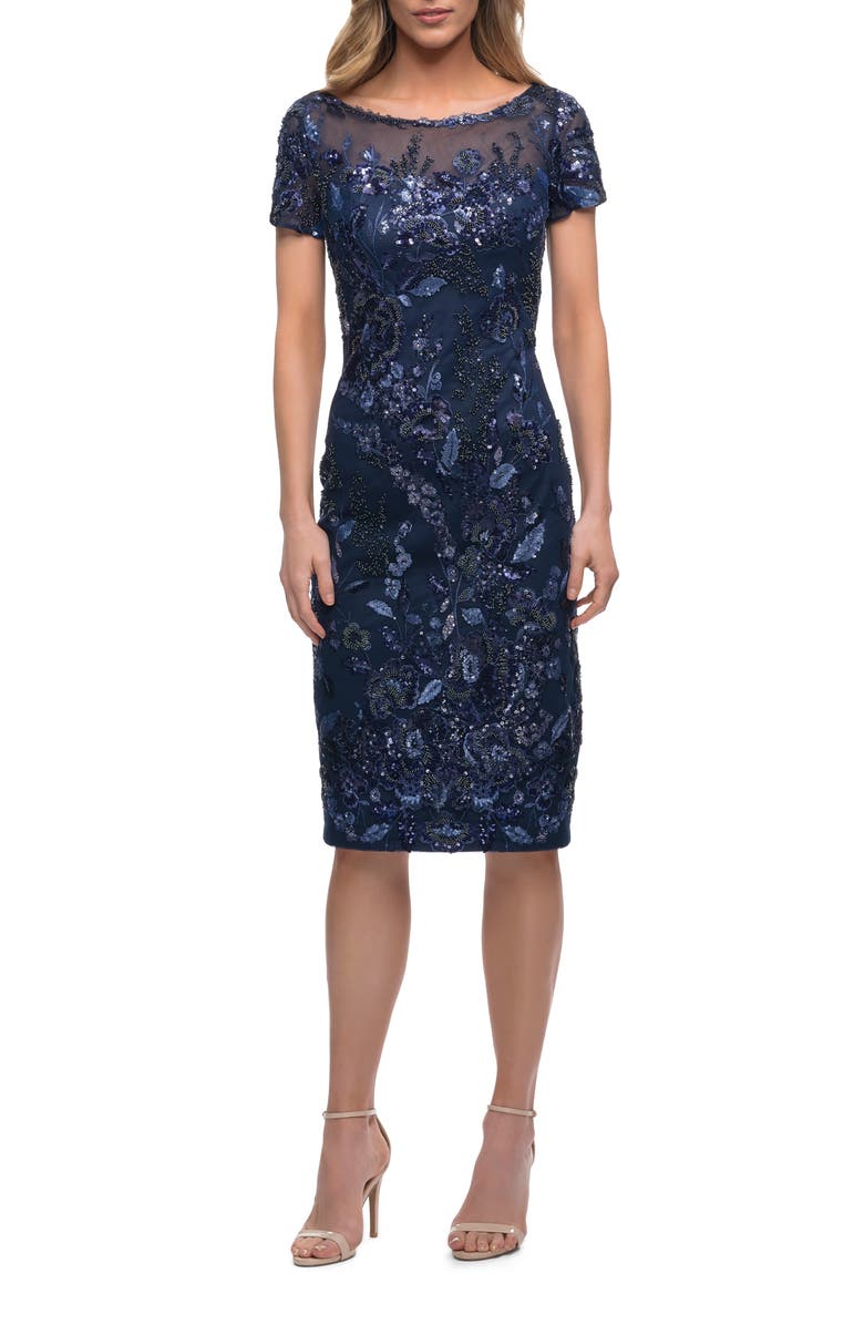 La Femme Short Beaded Lace Dress with Illusion Top and Sleeves, Alternate, color, Navy