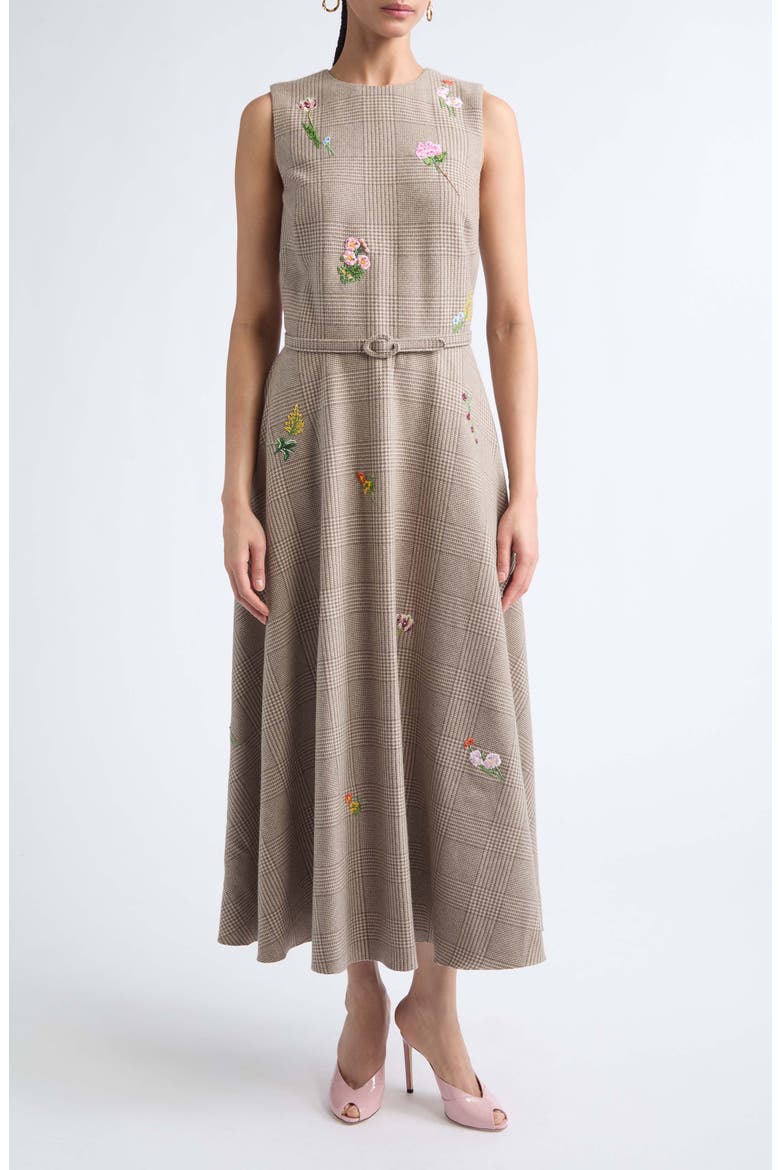 Embroidered Sleeveless Glen Plaid Wool Blend Dress, Main, color, TAUPE