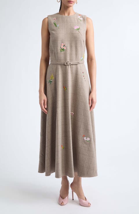 Embroidered Sleeveless Glen Plaid Wool Blend Dress