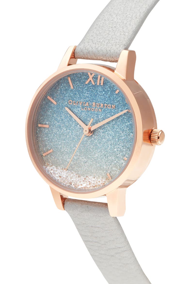 Wishing Waves Shimmer Leather Strap Watch, 30mm, Alternate, color, WHITE SHIMMER/ ROSE GOLD