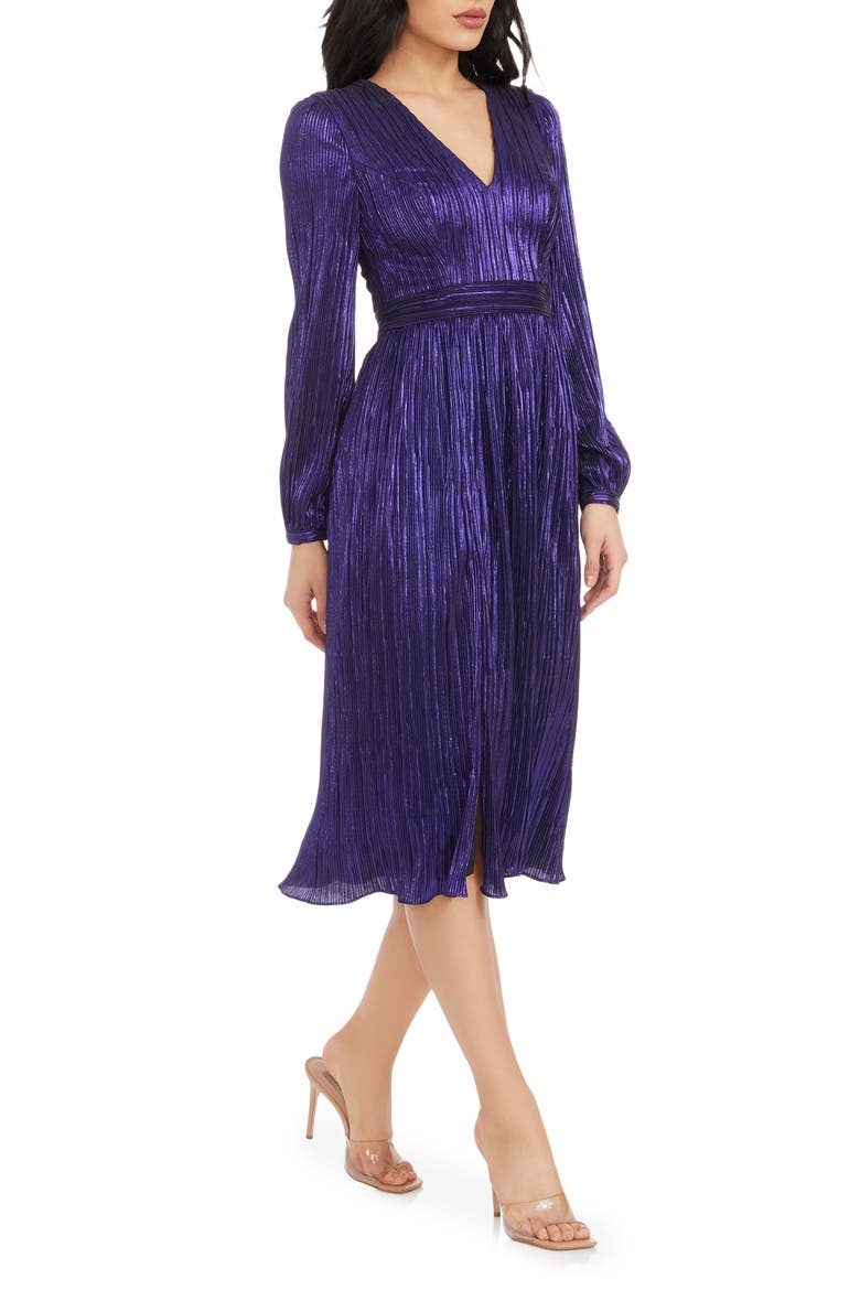 Holly Long Sleeve Metallic Plissé Dress, Alternate, color, DEEP PLUM