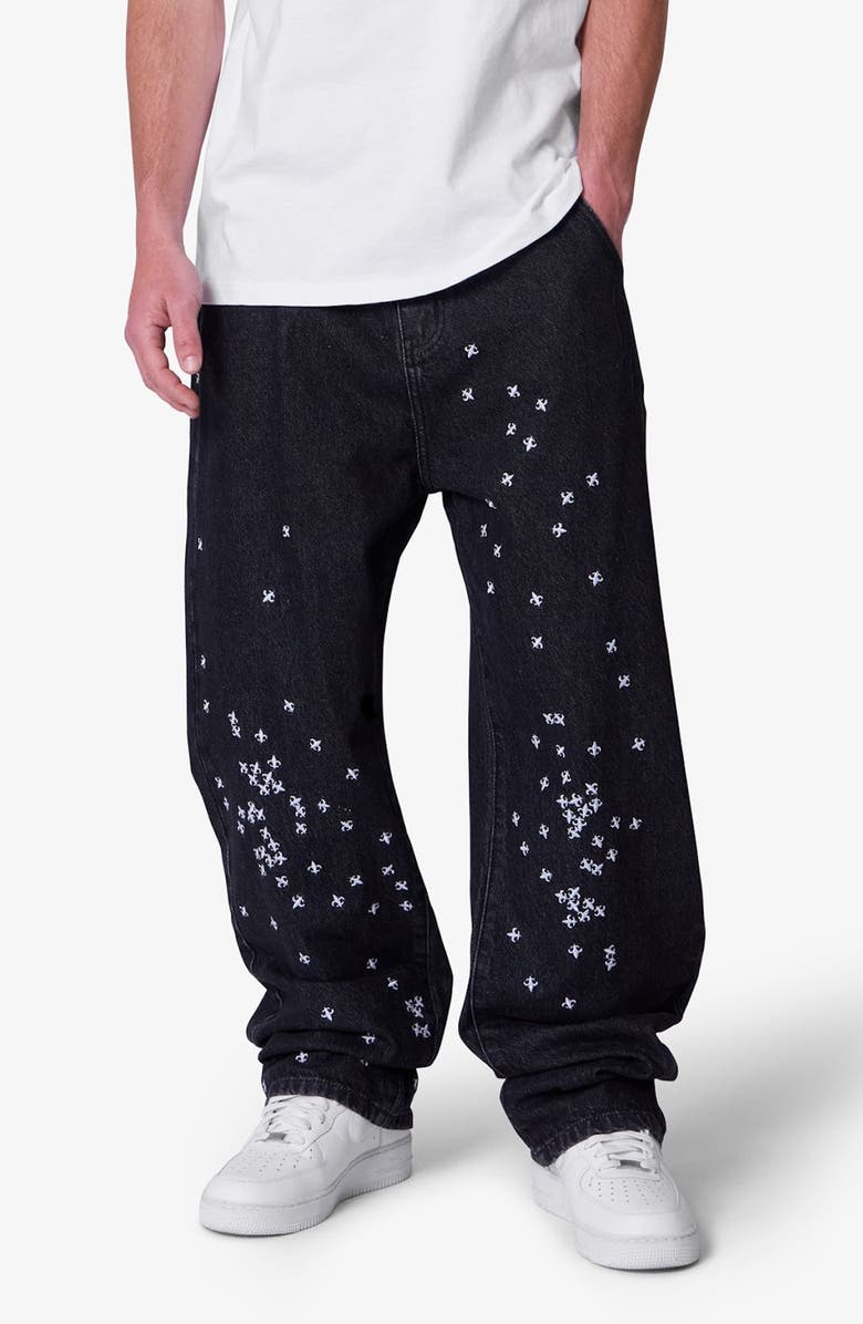 mnml Embroidered Fleurs de Lis Ultra Baggy Jeans, Main, color, Black