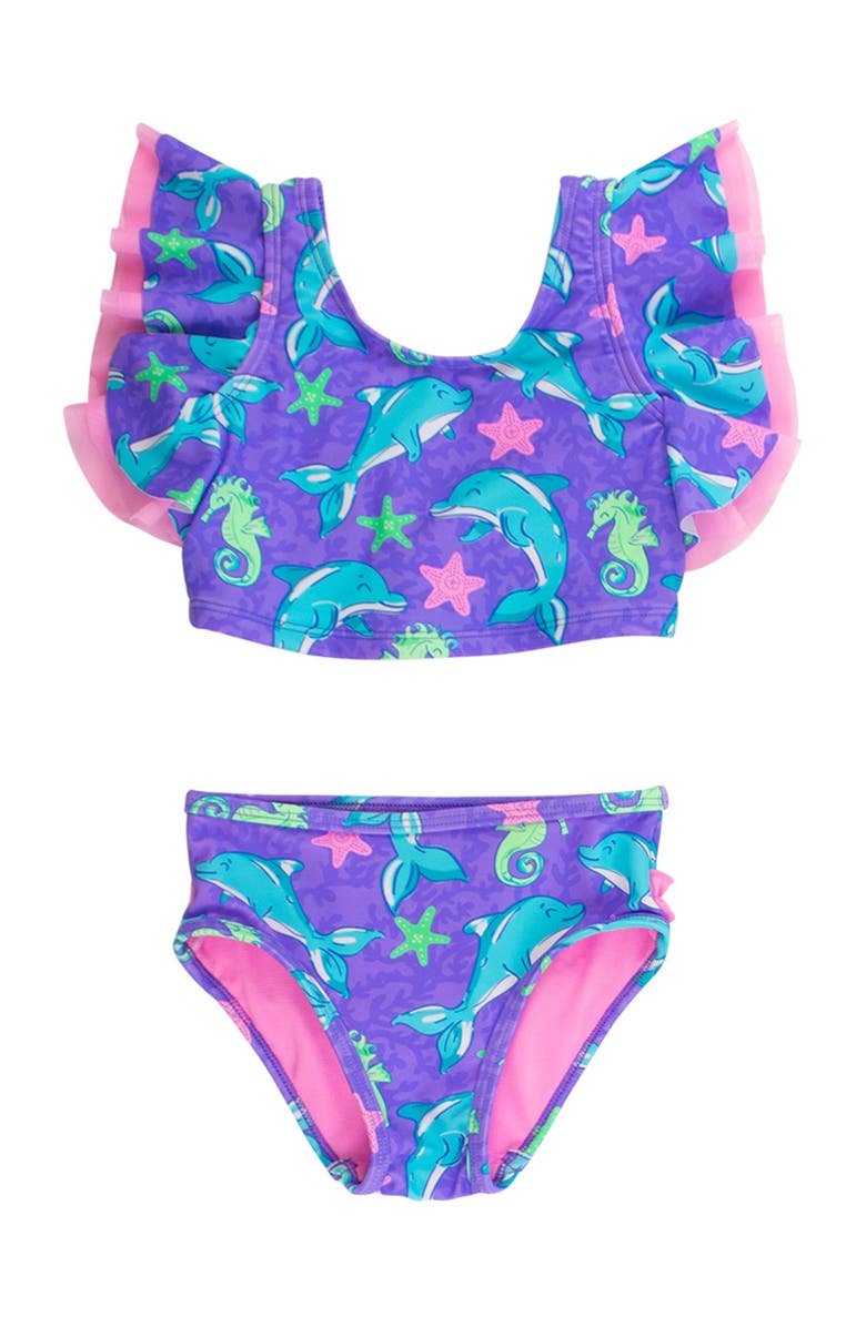 RuffleButts Girls UPF50+ Butterfly Tankini, Main, color, Neon Fin Friends
