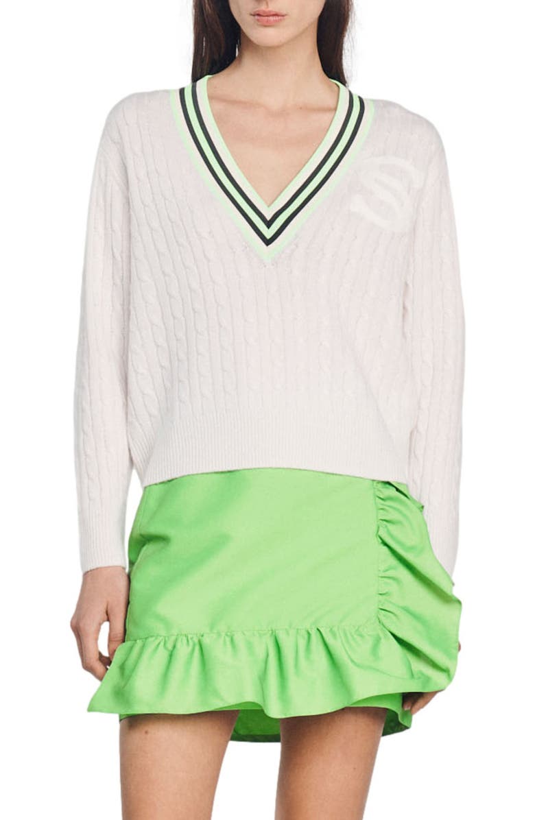SANDRO Aubin Cable V-Neck Sweater, Main, color, Ecru