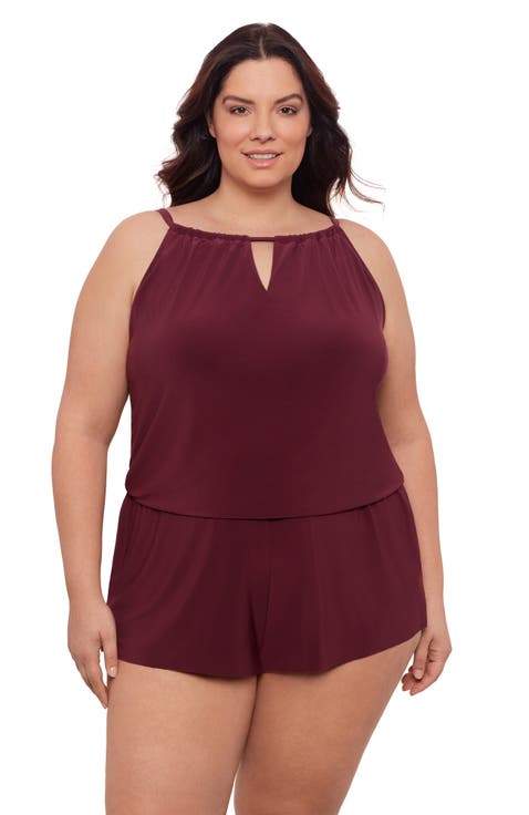 Plus Size Keyhole Blouson Slimming Swimsuit Romper with Pockets