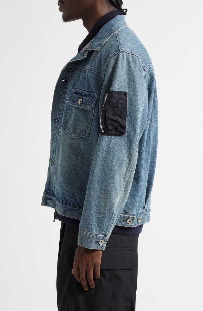 Sacai Layered Mixed Media Trucker Jacket, Alternate, color, Light Blue